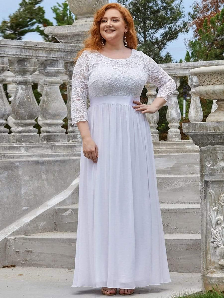 Plus size sheer lace floor-length evening dress with half sleeves for women