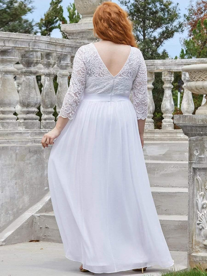 Plus size sheer lace floor-length evening dress with half sleeves for women