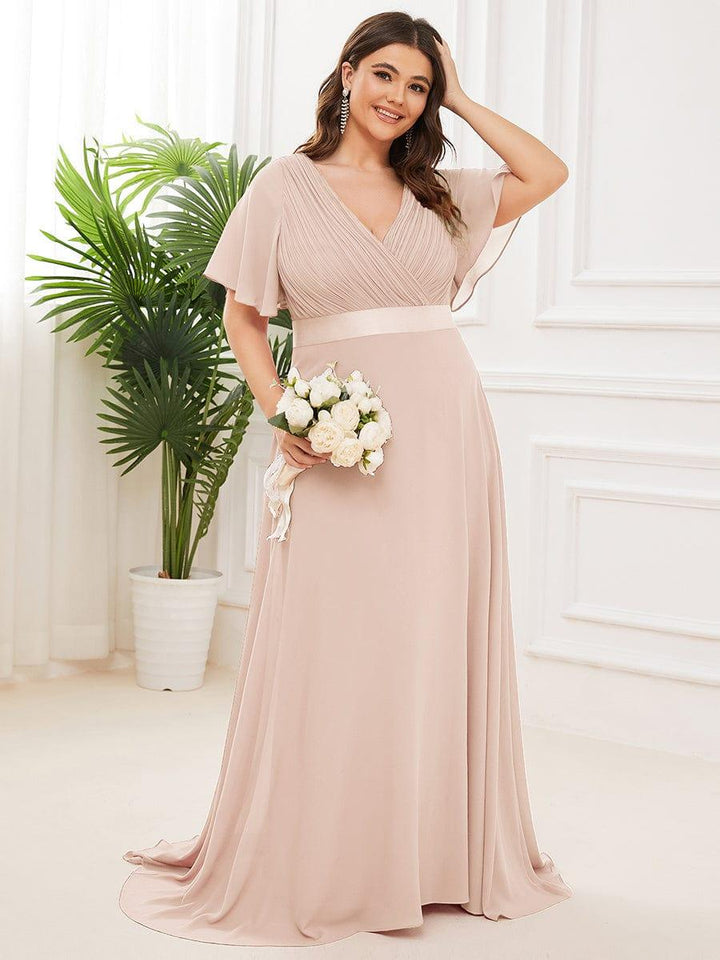 Plus size chiffon empire waist bridesmaid dress with short sleeves for women