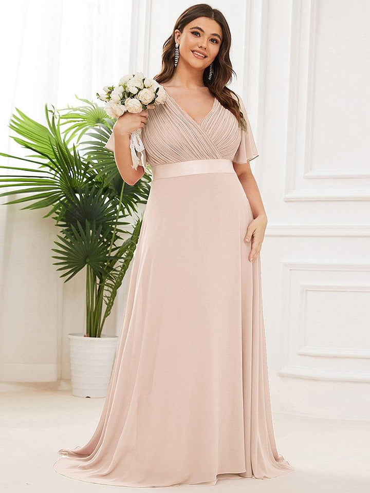 Plus size chiffon empire waist bridesmaid dress with short sleeves for women