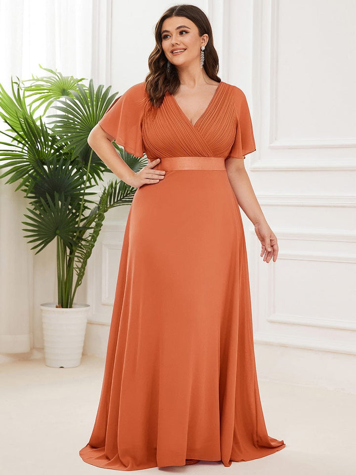 Plus size chiffon empire waist bridesmaid dress with short sleeves for women