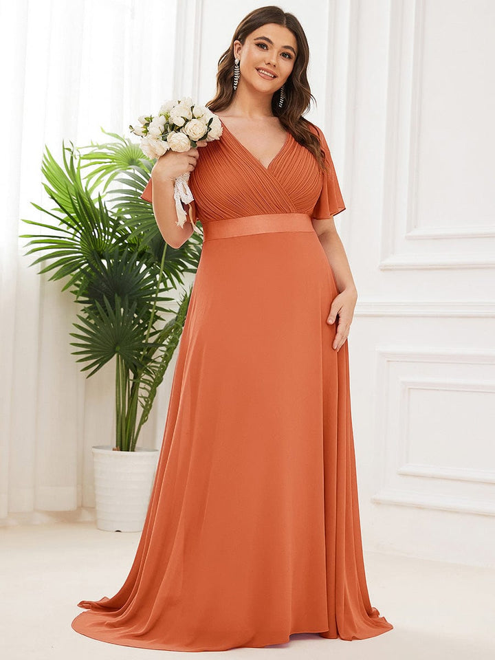 Plus size chiffon empire waist bridesmaid dress with short sleeves for women
