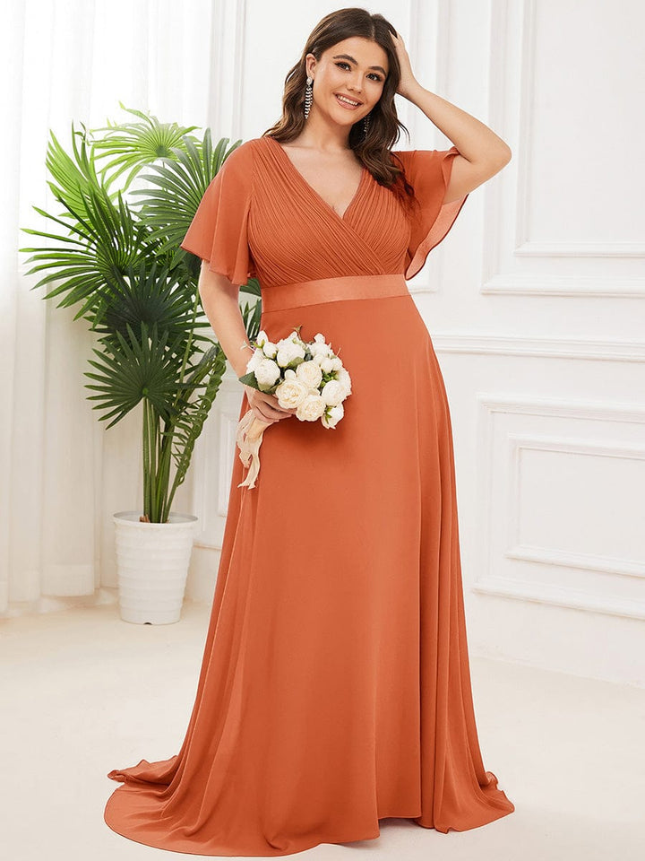 Plus size chiffon empire waist bridesmaid dress with short sleeves for women