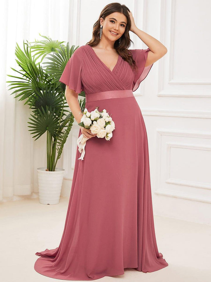 Plus size chiffon empire waist bridesmaid dress with short sleeves for women