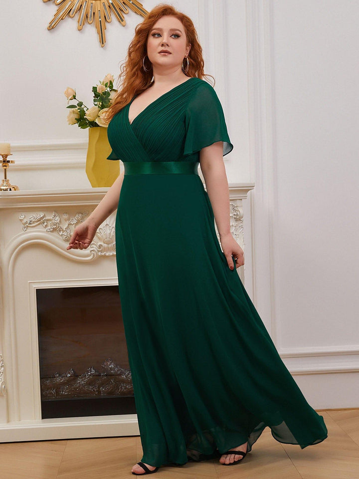 Plus size chiffon empire waist bridesmaid dress with short sleeves for women