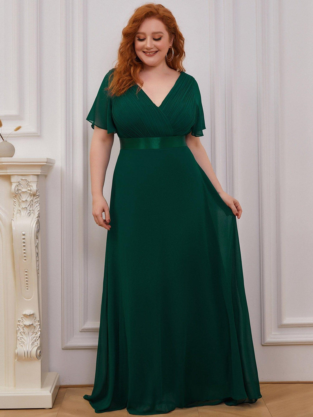 Plus size chiffon empire waist bridesmaid dress with short sleeves for women