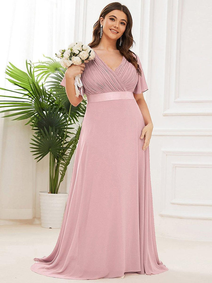 Plus size chiffon empire waist bridesmaid dress with short sleeves for women