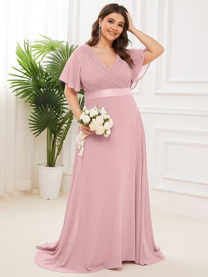 Plus size chiffon empire waist bridesmaid dress with short sleeves for women