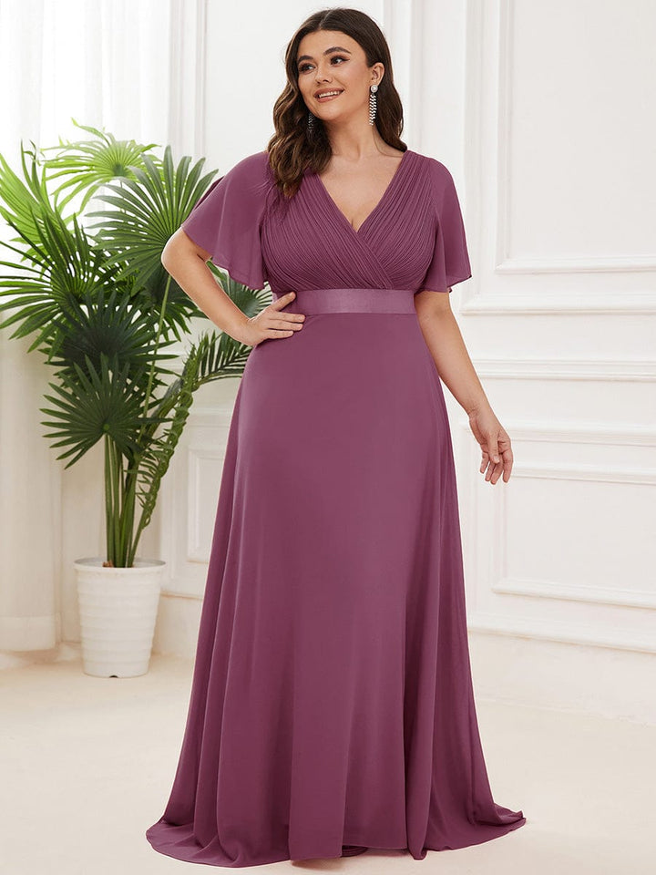 Plus size chiffon empire waist bridesmaid dress with short sleeves for women