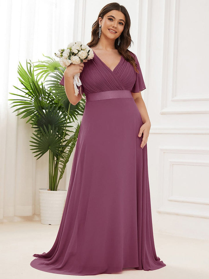 Plus size chiffon empire waist bridesmaid dress with short sleeves for women