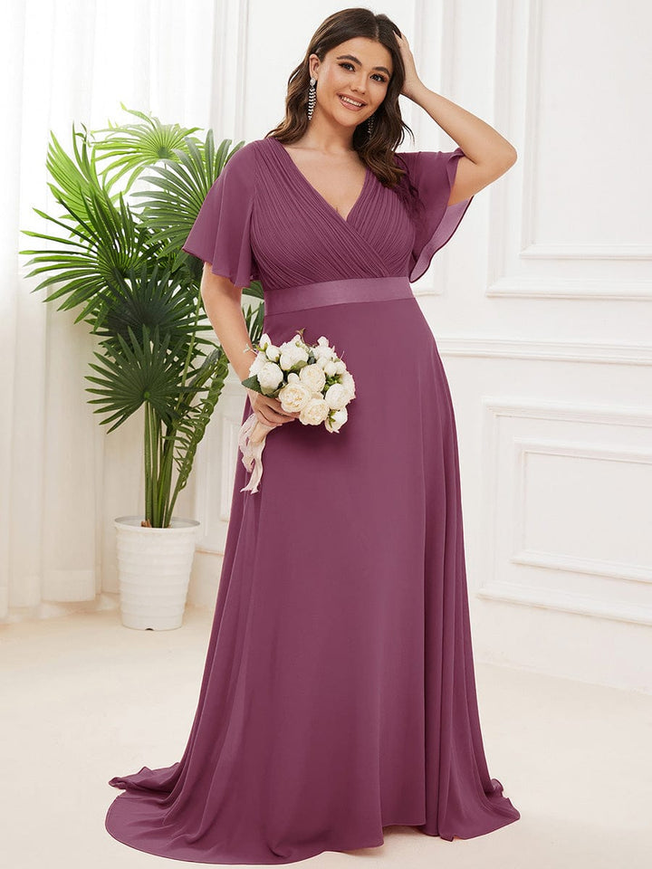 Plus size chiffon empire waist bridesmaid dress with short sleeves for women