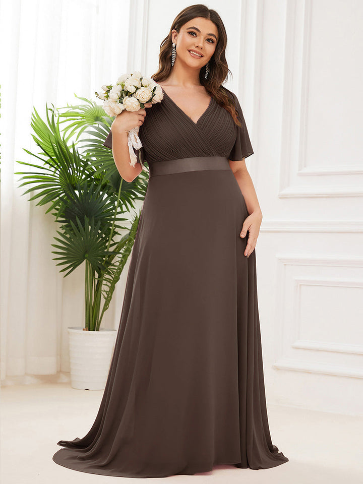 Plus size chiffon empire waist bridesmaid dress with short sleeves for women
