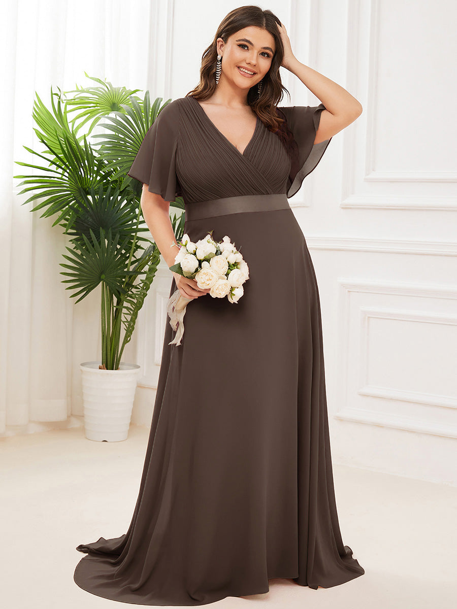 Plus size chiffon empire waist bridesmaid dress with short sleeves for women