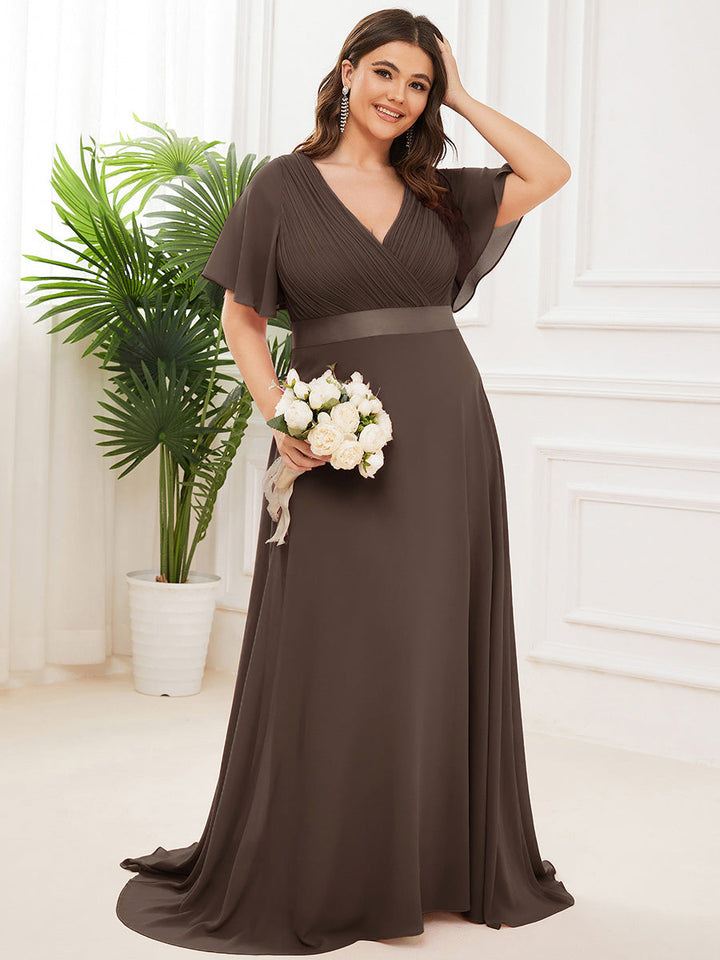 Plus size chiffon empire waist bridesmaid dress with short sleeves for women
