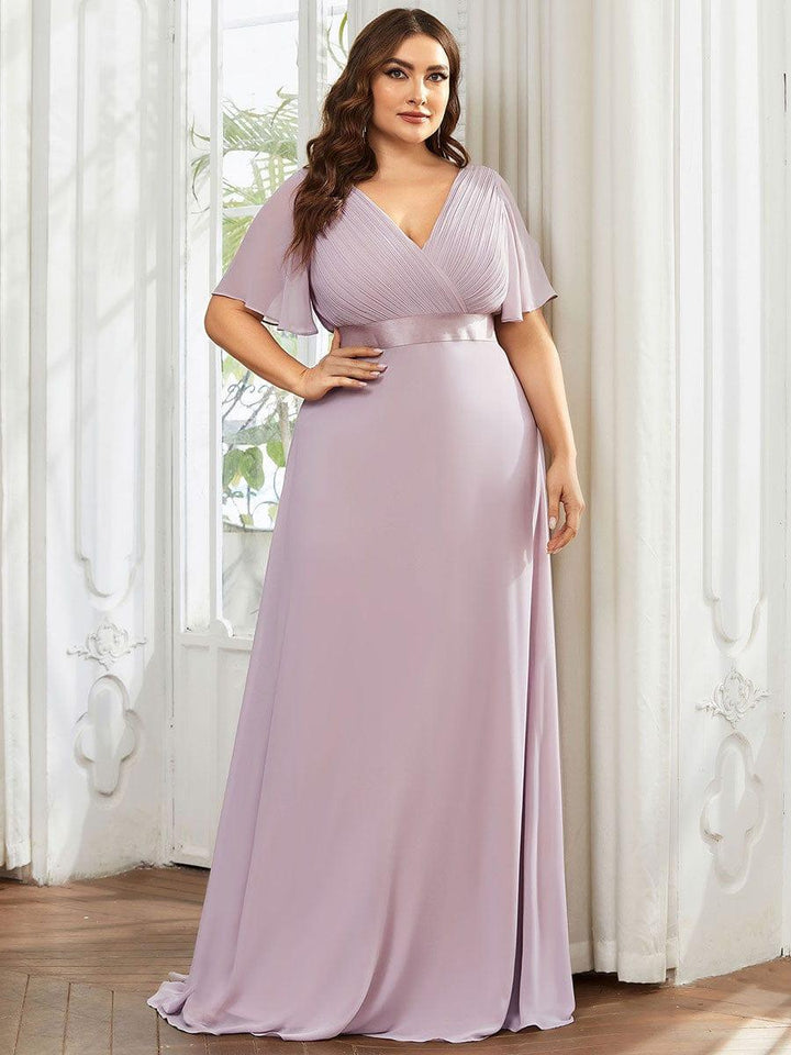 Plus size chiffon empire waist bridesmaid dress with short sleeves for women