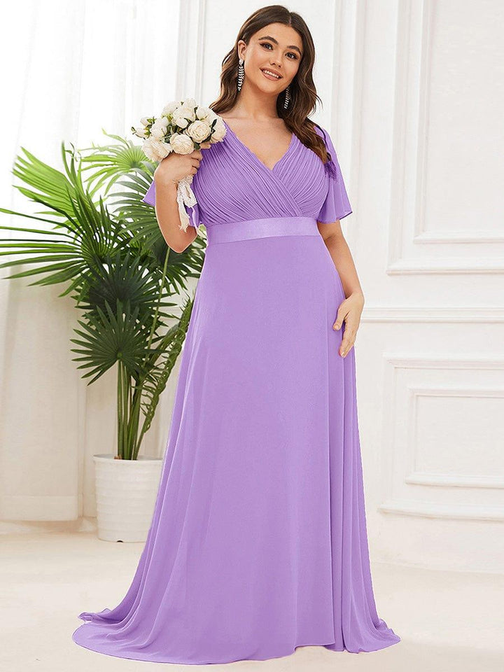 Plus size chiffon empire waist bridesmaid dress with short sleeves for women