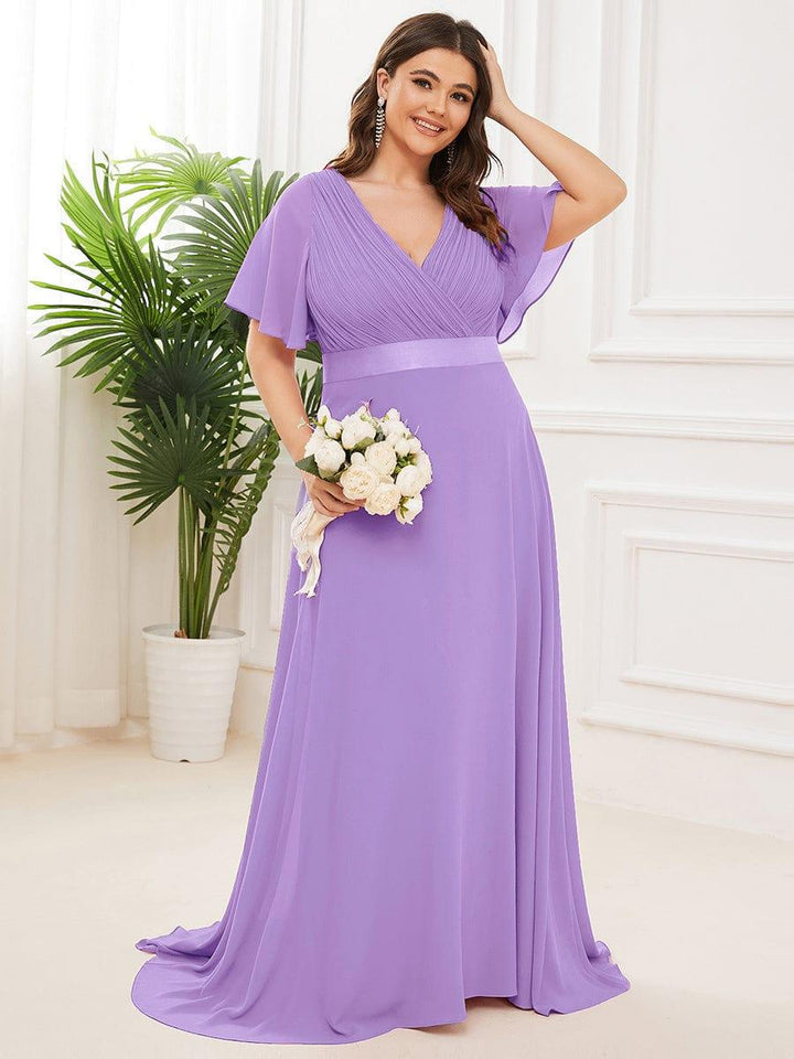 Plus size chiffon empire waist bridesmaid dress with short sleeves for women