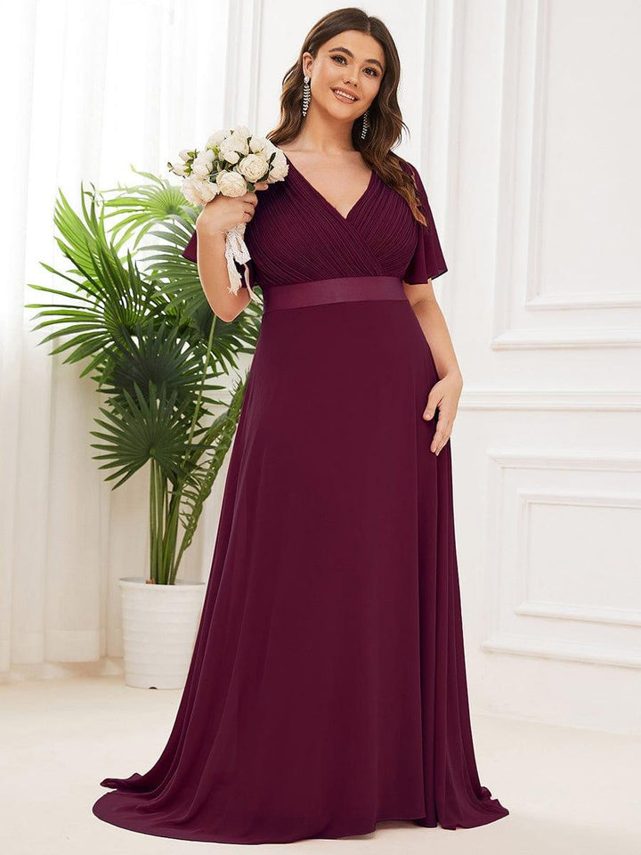 Plus size chiffon empire waist bridesmaid dress with short sleeves for women