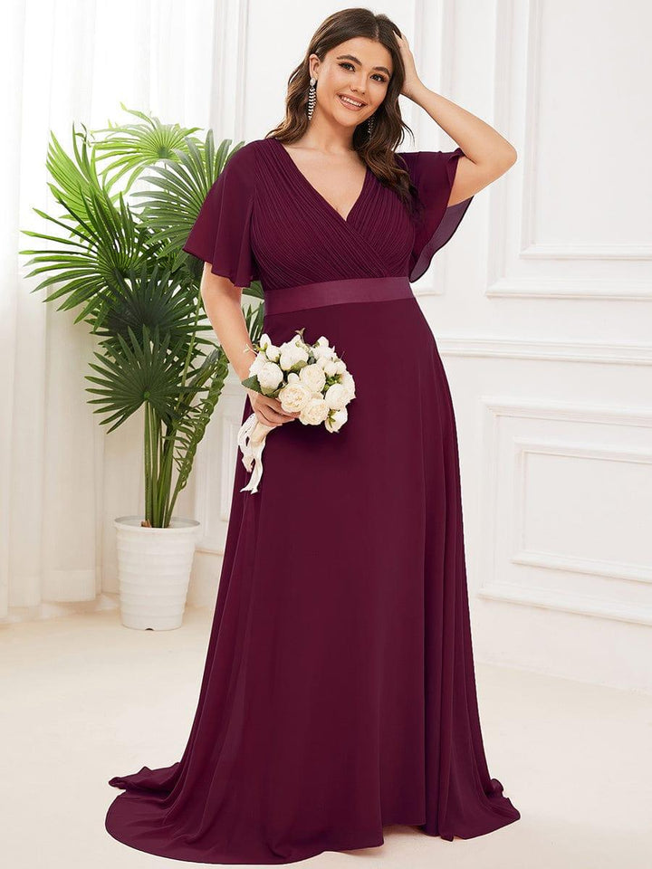 Plus size chiffon empire waist bridesmaid dress with short sleeves for women