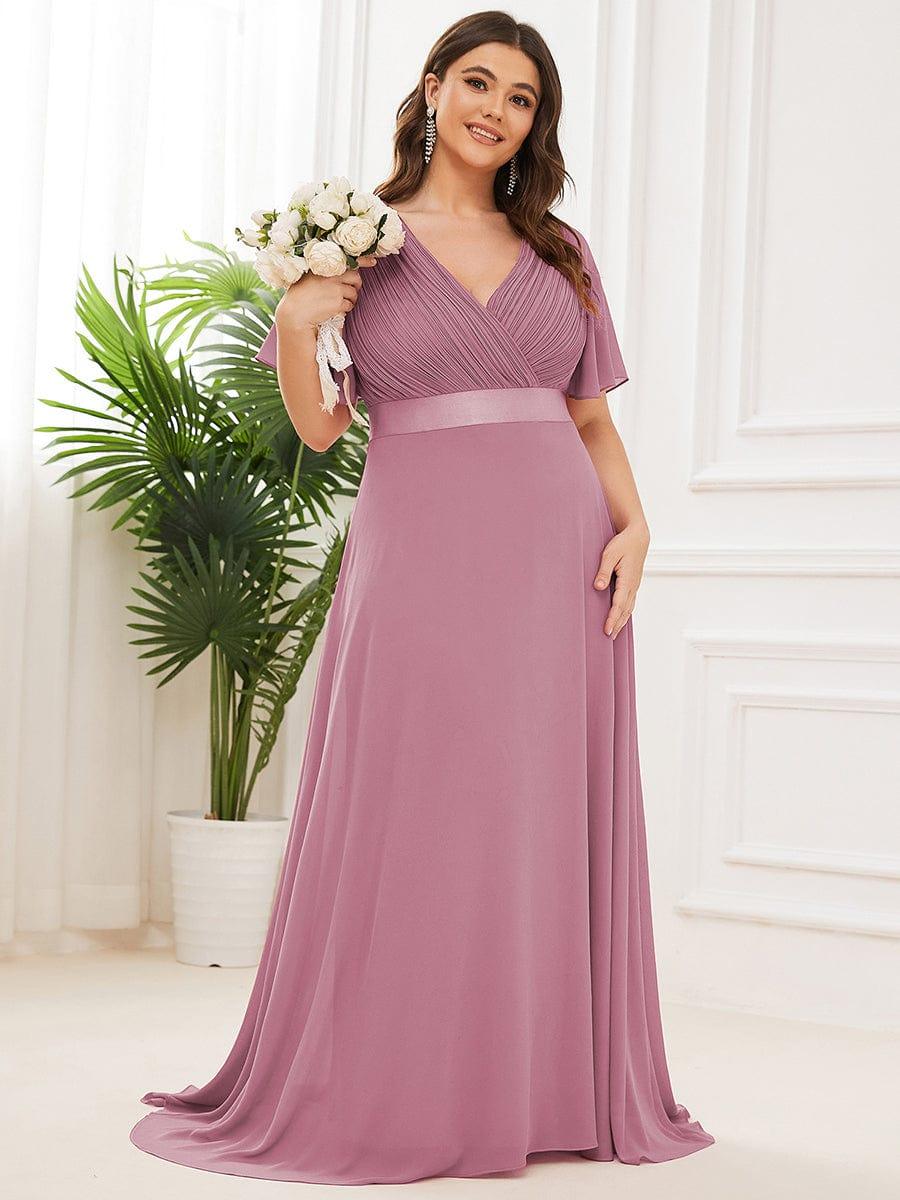 Plus size chiffon empire waist bridesmaid dress with short sleeves for women