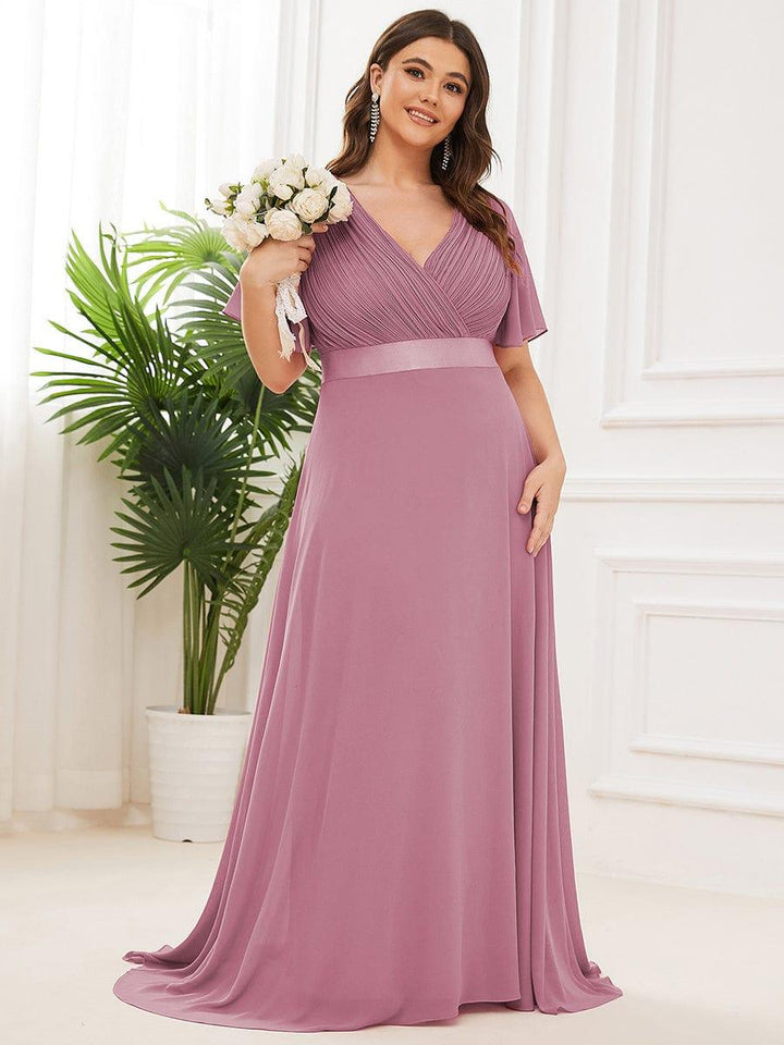 Plus size chiffon empire waist bridesmaid dress with short sleeves for women