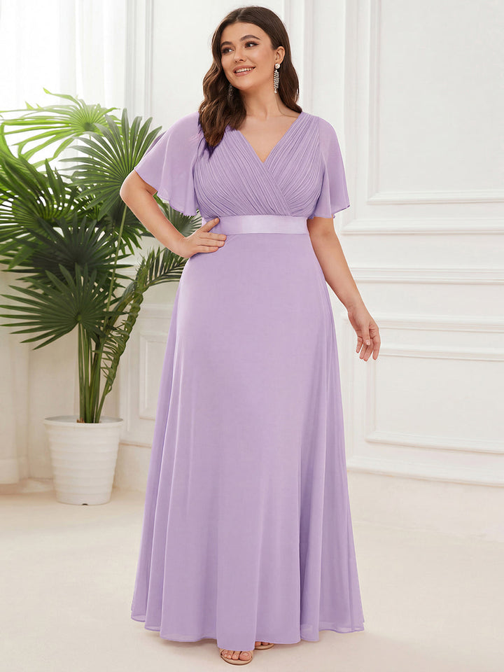 Plus size chiffon empire waist bridesmaid dress with short sleeves for women