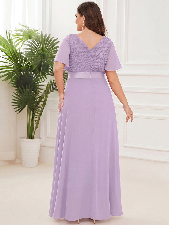 Plus size chiffon empire waist bridesmaid dress with short sleeves for women