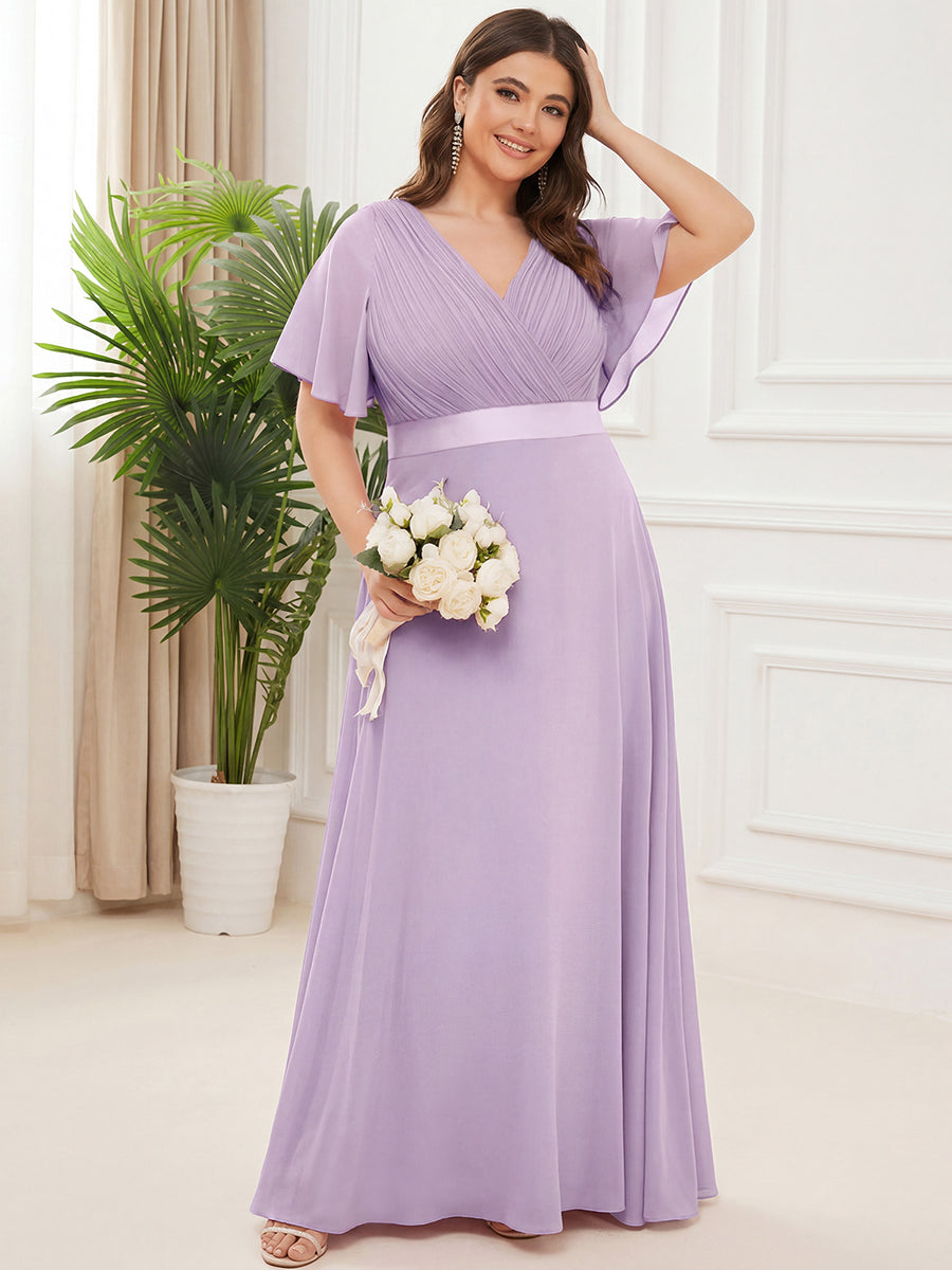 Plus size chiffon empire waist bridesmaid dress with short sleeves for women