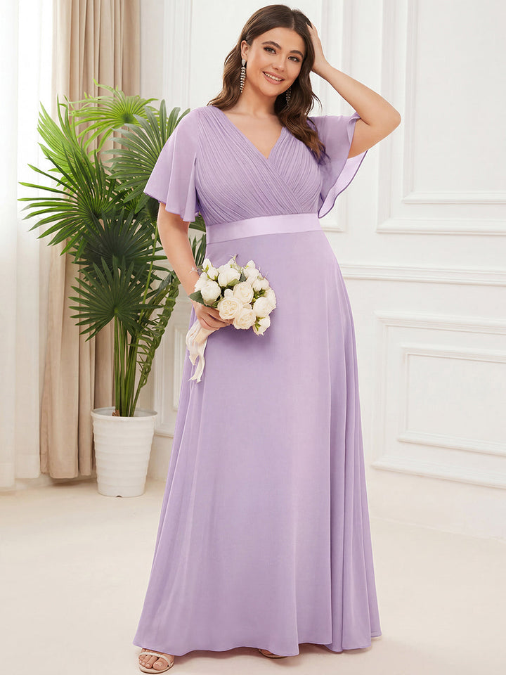 Plus size chiffon empire waist bridesmaid dress with short sleeves for women