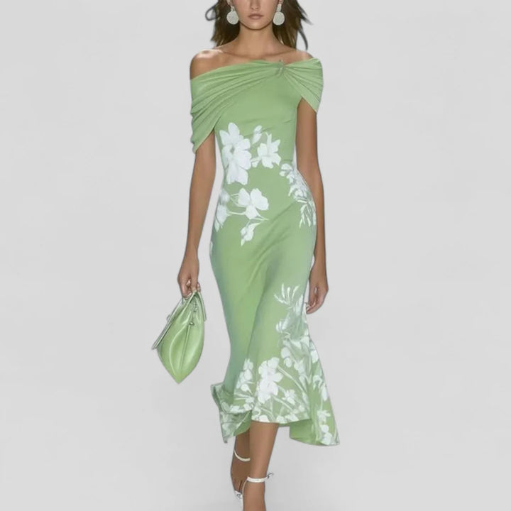 Elegant Off-Shoulder Floral Midi Dress – Fitted Silhouette