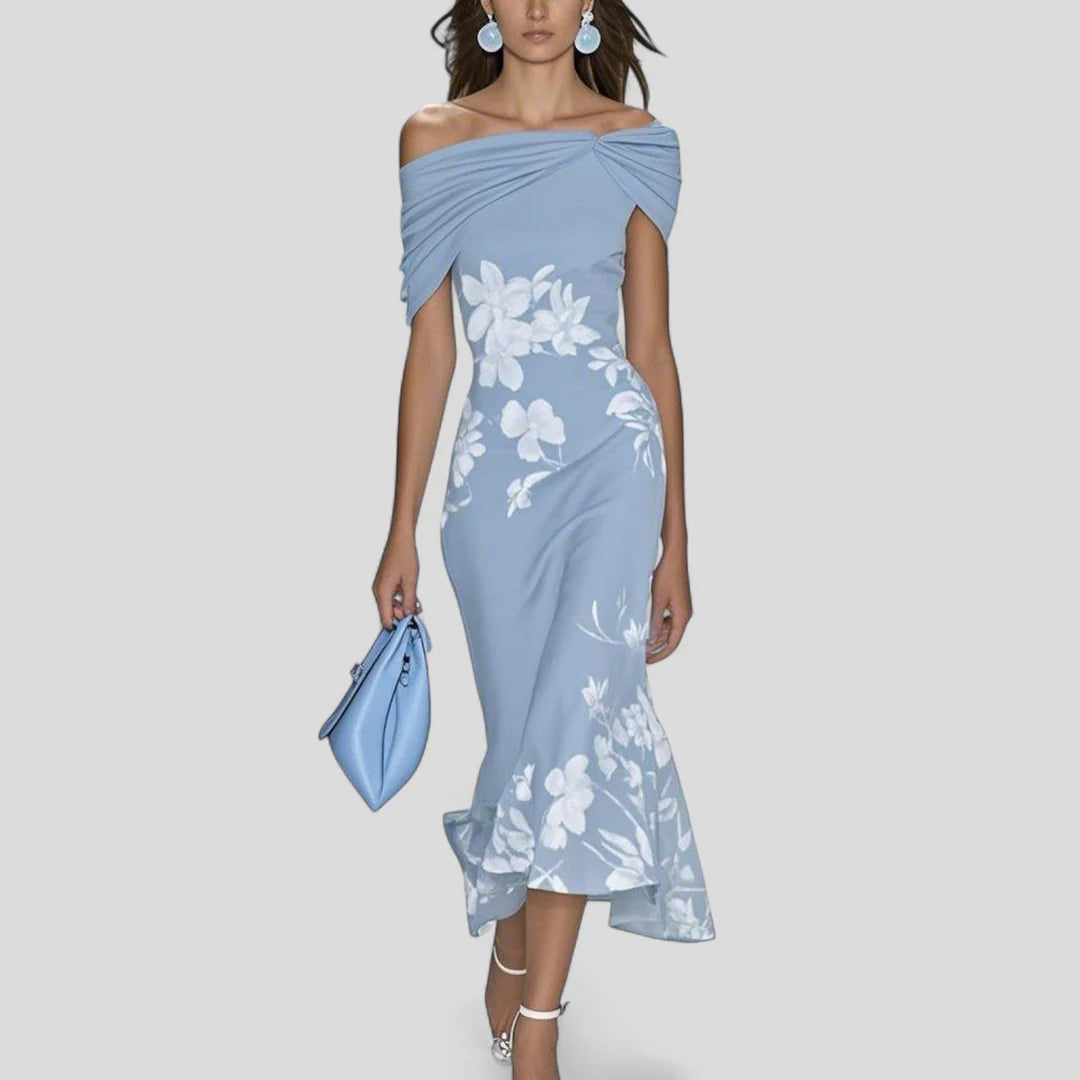 Elegant Off-Shoulder Floral Midi Dress – Fitted Silhouette