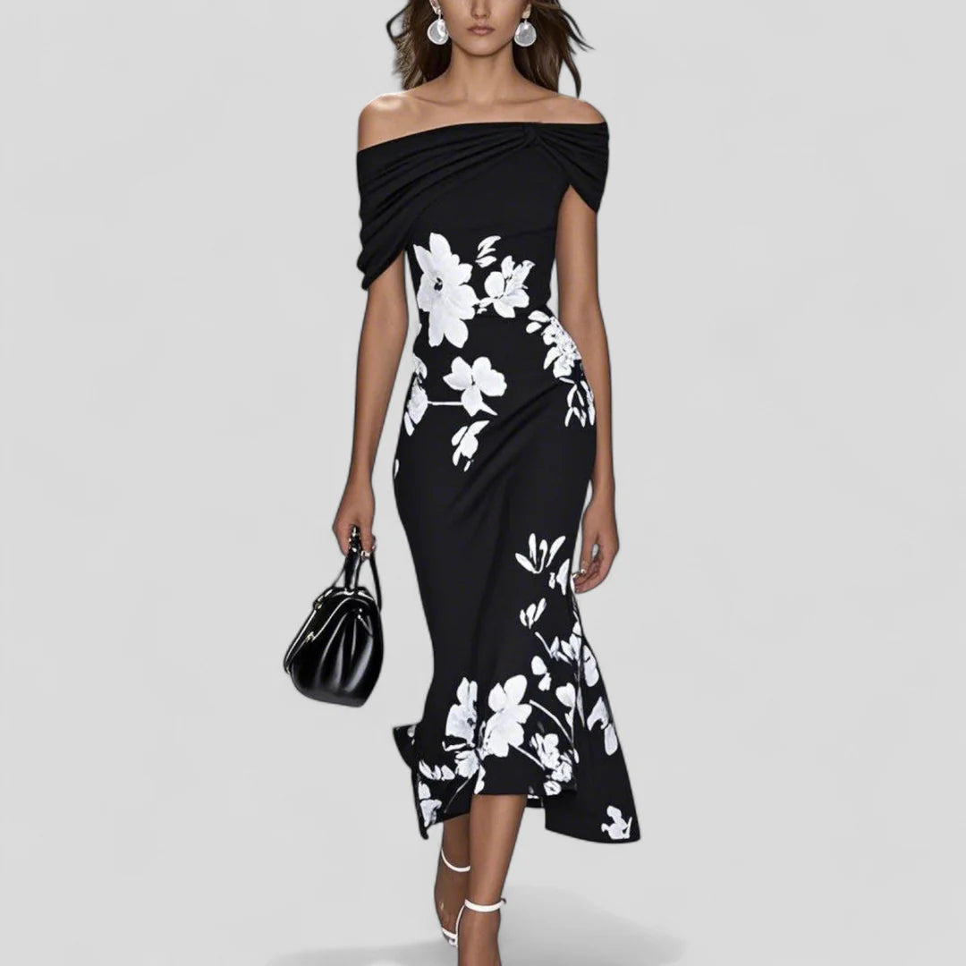 Elegant Off-Shoulder Floral Midi Dress – Fitted Silhouette
