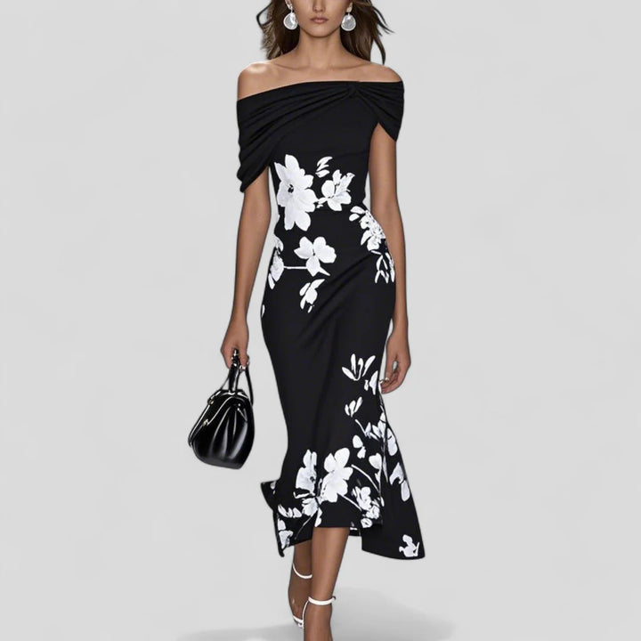 Elegant Off-Shoulder Floral Midi Dress – Fitted Silhouette