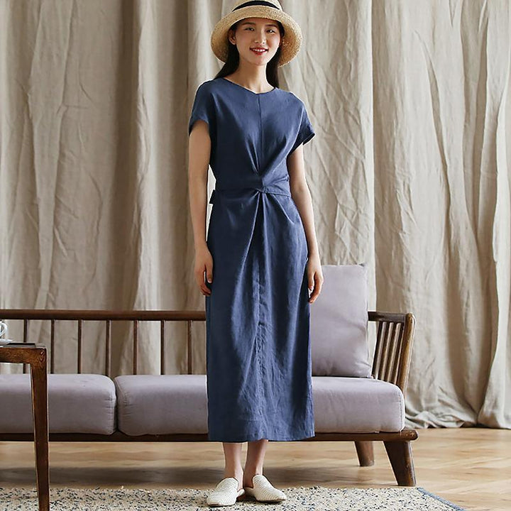 Plus size linen midi dress with side split for women