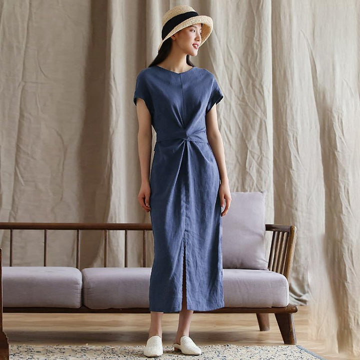 Plus size linen midi dress with side split for women