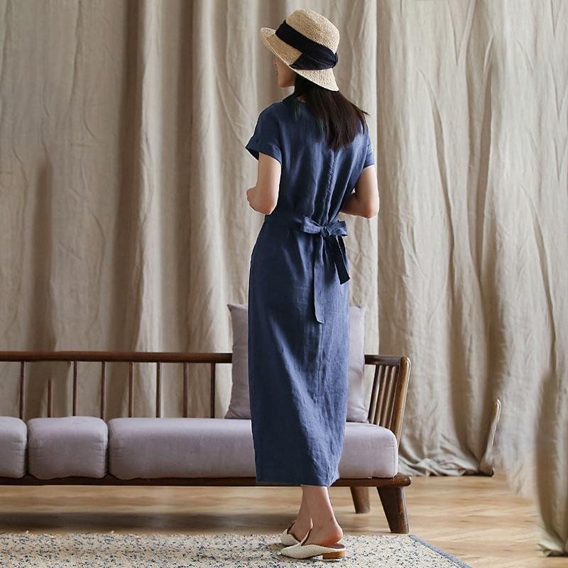 Plus size linen midi dress with side split for women