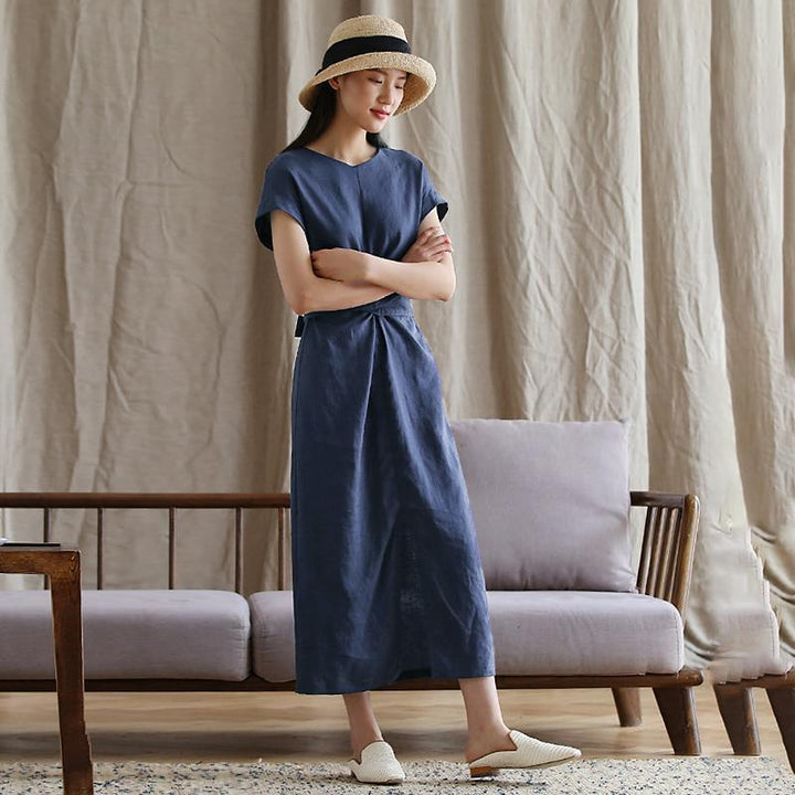 Plus size linen midi dress with side split for women