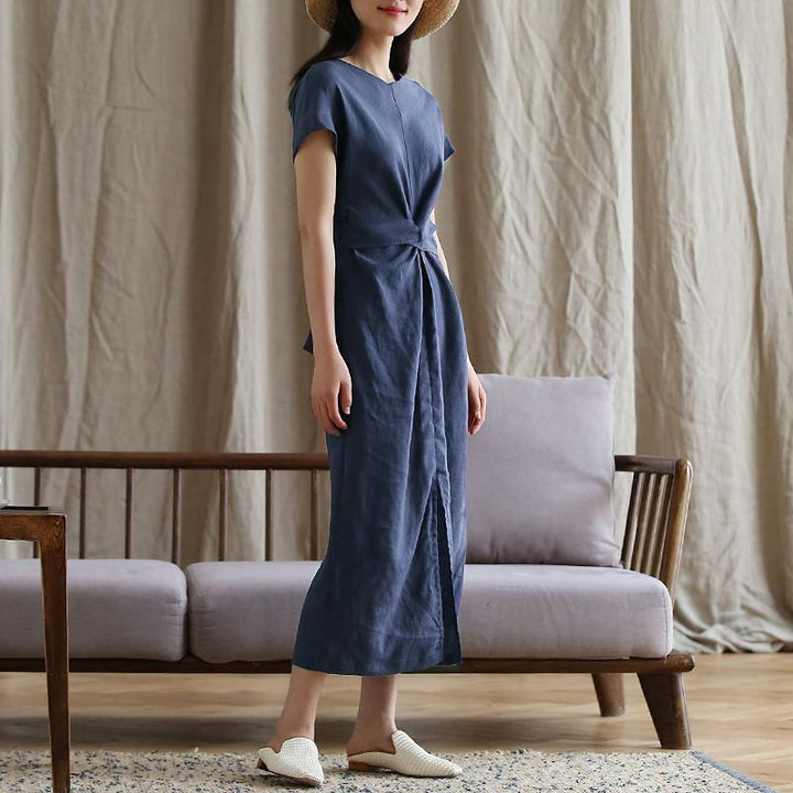 Plus size linen midi dress with side split for women