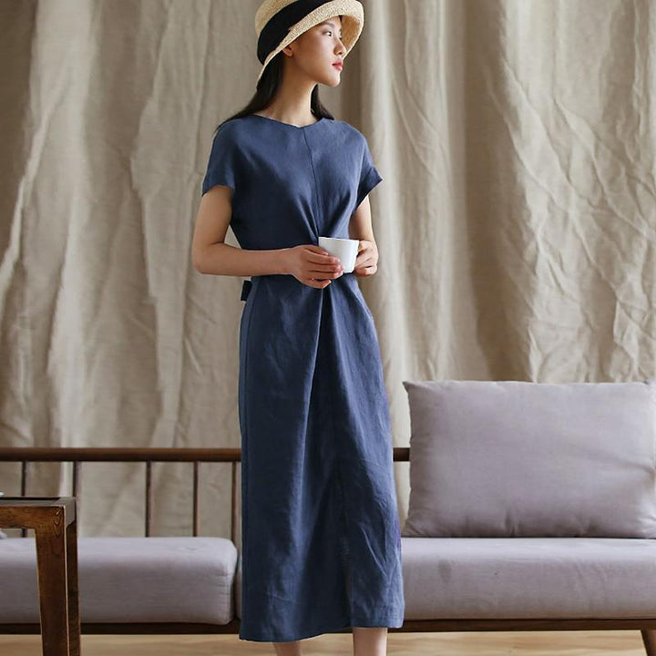 Plus size linen midi dress with side split for women
