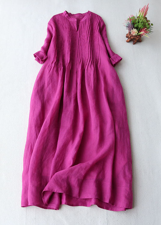 Cotton-linen patchwork v-neck dress with pockets for women