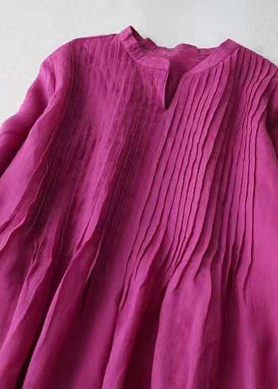 Cotton-linen patchwork v-neck dress with pockets for women