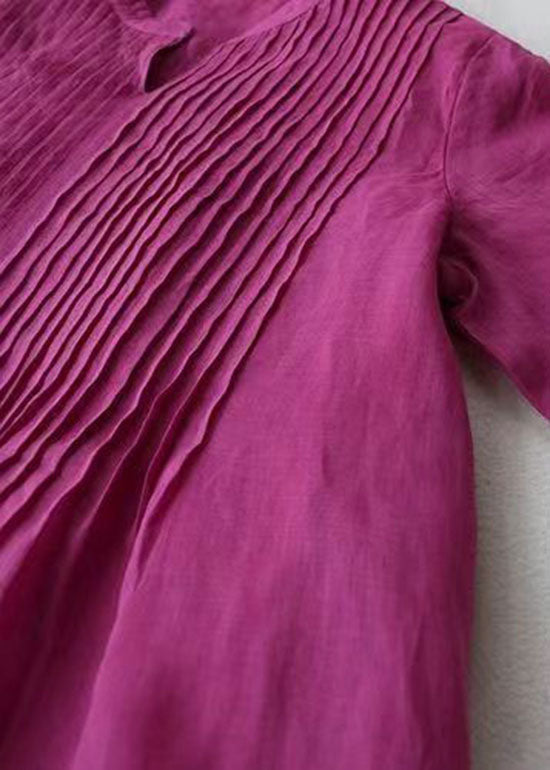 Cotton-linen patchwork v-neck dress with pockets for women