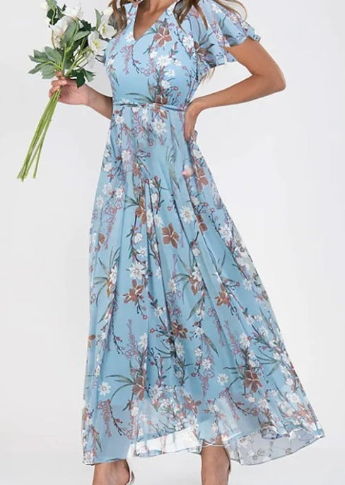 Floral midi dress with short sleeves for women