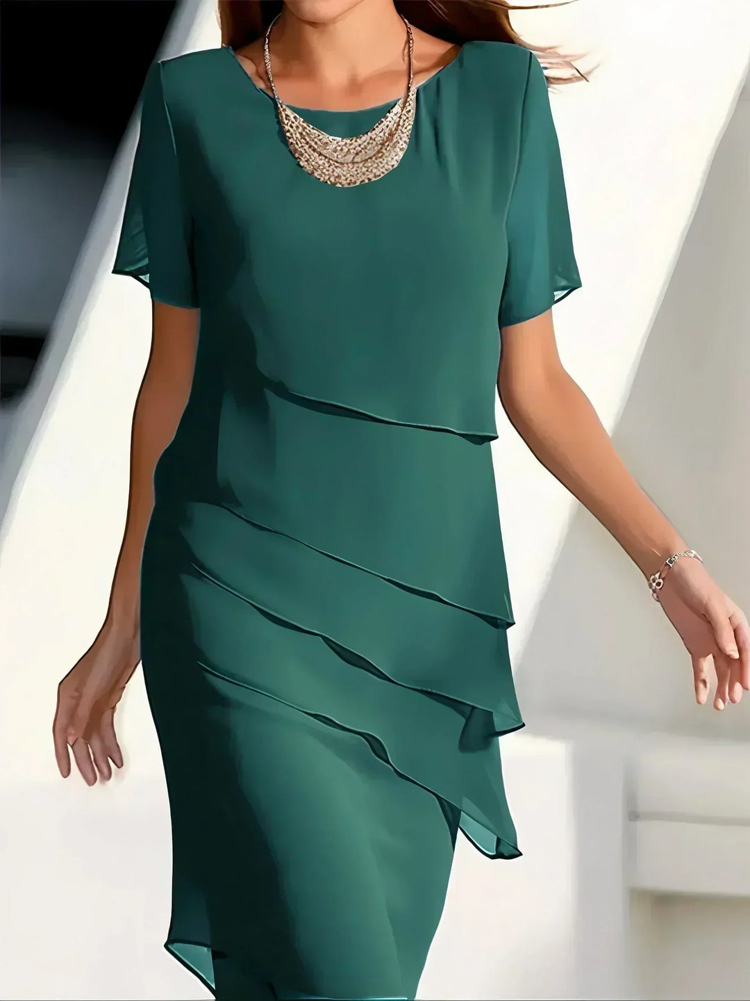 Layered short sleeve dress with defined waist for women
