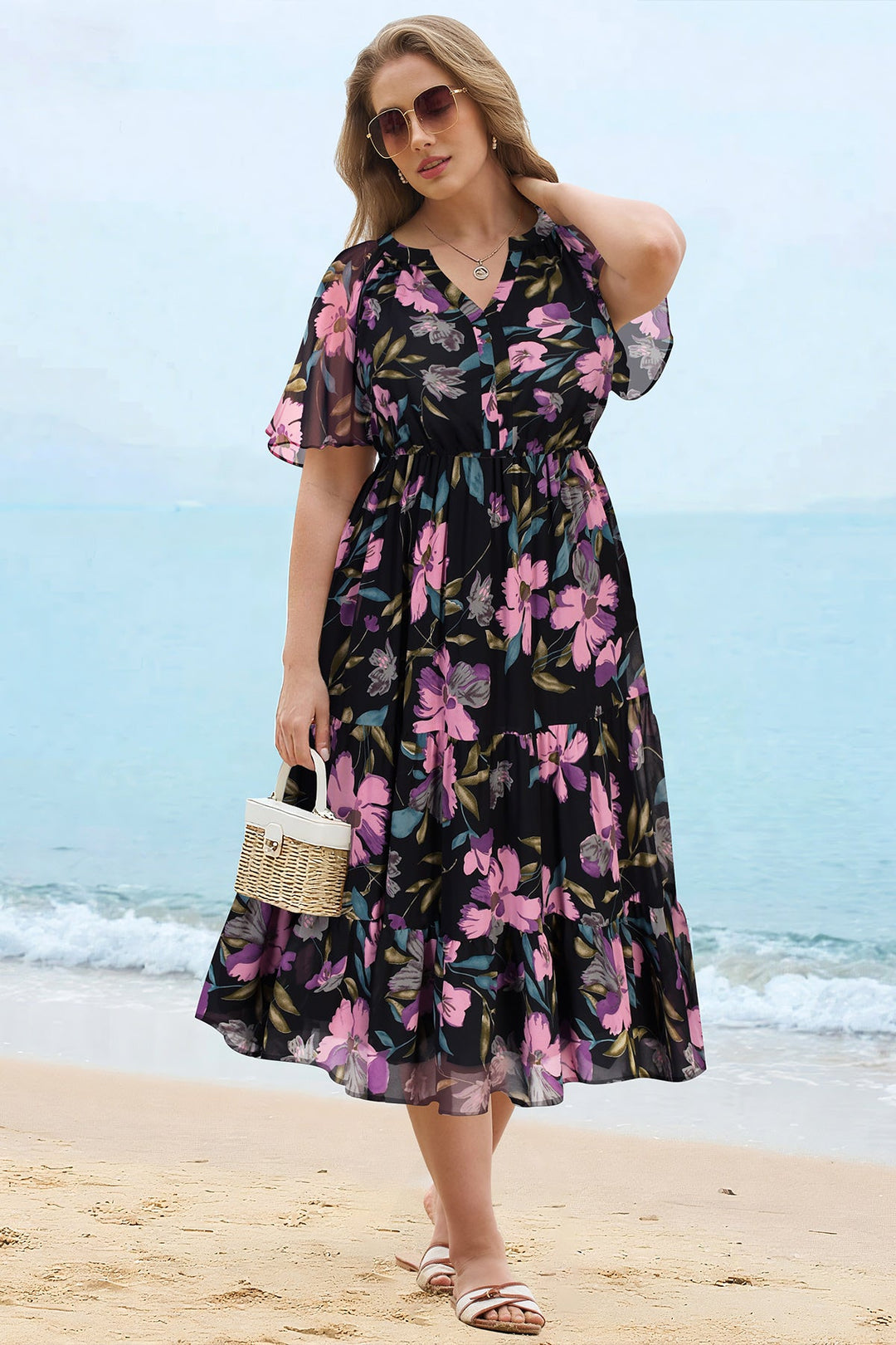 Floral tiered midi dress ruched V-neck with pockets plus size for women