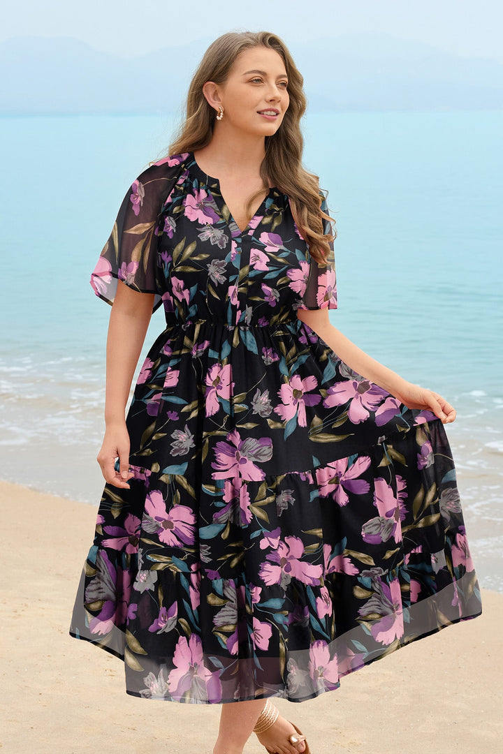 Floral tiered midi dress ruched V-neck with pockets plus size for women