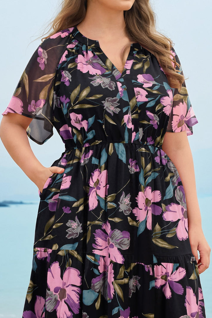 Floral tiered midi dress ruched V-neck with pockets plus size for women