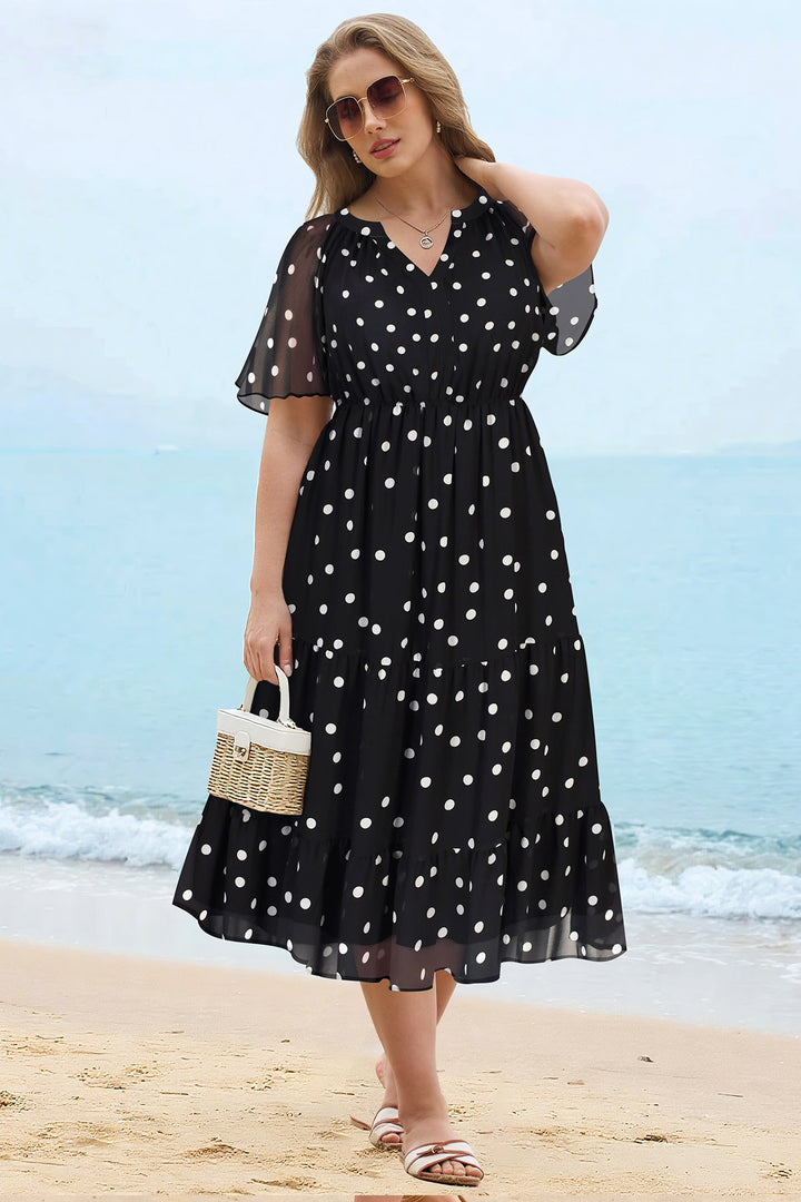 Floral tiered midi dress ruched V-neck with pockets plus size for women