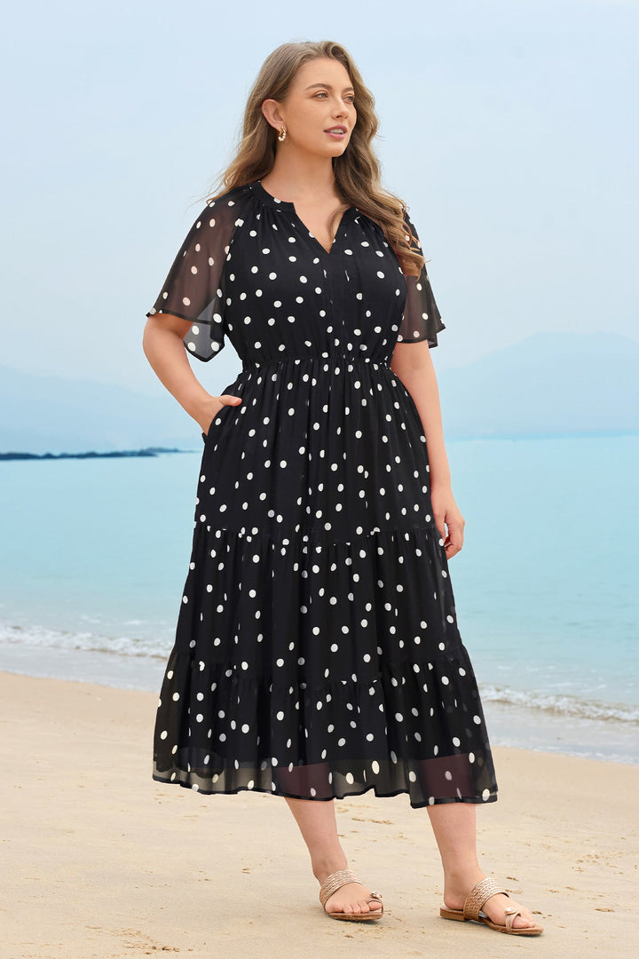 Floral tiered midi dress ruched V-neck with pockets plus size for women