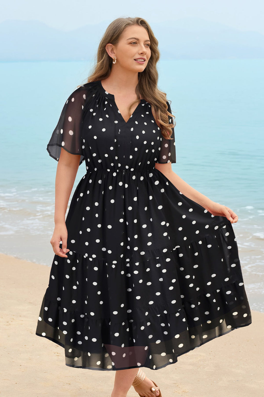 Floral tiered midi dress ruched V-neck with pockets plus size for women